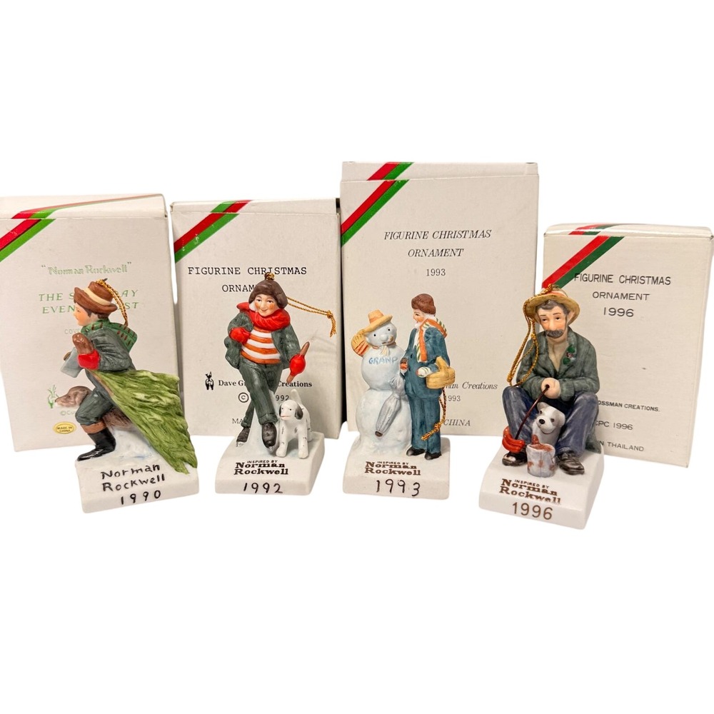 Norman Rockwell Figurine Christmas Ornaments Set of 4 1990 1992 1993 1996 Boxes